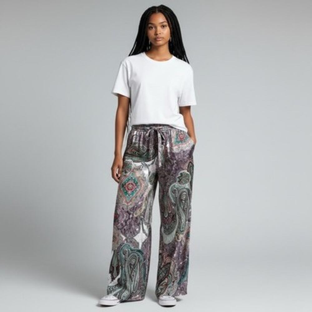 Zara Silky Multicolor Paisley Wide-Leg Elastic Waist Women's Pants Trousers XS